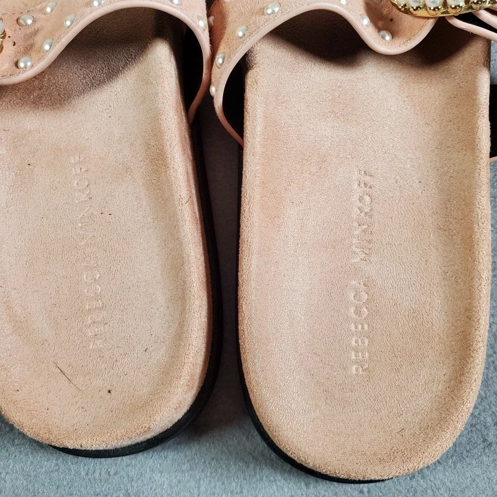 Rebecca Minkoff Veeoleeta Sandal Womens 7 Pink Pearl Buckle Suede Leather Slides - Picture 7 of 9
